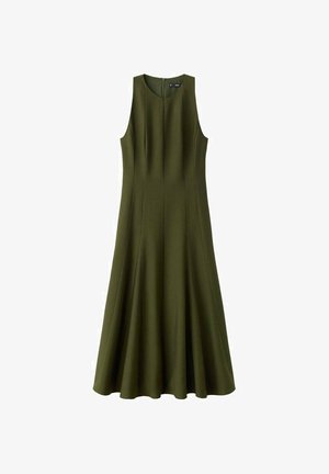 Olive green, sleeveless dress with a round neckline and flared silhouette. Smooth texture and vertical seams provide a structured look.