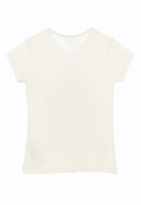 Camiseta de manga corta en color beige claro, con cuello redondo, material de algodón suave, diseño simple, sin patrones visibles ni adornos en la parte posterior.