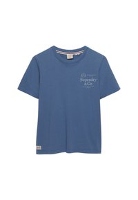 Blå bomuld T-shirt med korte ærmer, rund hals og et frontprint med teksten "Superdry & Co" i en lysere nuance. Klassisk pasform og glat tekstur.