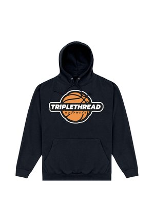 Schwarzer Kapuzenpullover mit Fronttasche, versehen mit einer Basketball-Grafik und dem "TRIPLETHREAD HOOPWEAR"-Logo auf der Brust.