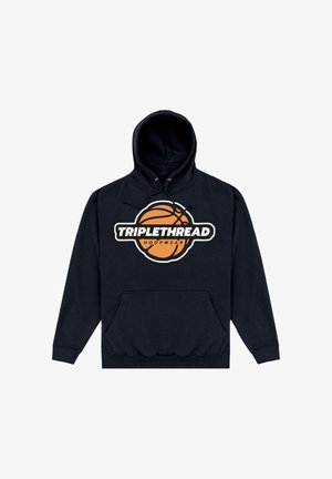 Sweat à capuche noir avec poche frontale, présentant un graphisme de basketball et le logo "TRIPLETHREAD HOOPWEAR" sur la poitrine.