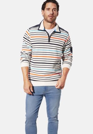 Gestreifter Pullover mit weißer, marineblauer, orangefarbener und hellblauer Farbgebung; verfügt über einen Reißverschlusskragen sowie gerippte Bündchen und Saum; Material aus Baumwollmischung.