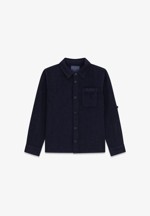 Granatowa koszula z długim rękawem, z kołnierzykiem i kieszenią na piersi, haftowana logo "GUESS".