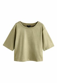 Kortærmet, olivengrøn t-shirt lavet af blødt stof. Har en vid halsudskæring og en afslappet pasform, med en ensartet, glat tekstur.