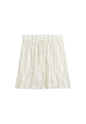 Pantalones cortos de mezcla de lino en crema claro con rayas verticales, cinturilla elástica, cordón ajustable y dos bolsillos frontales de parche.