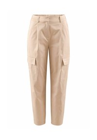 Beige cargobroek met een comfortabele pasvorm, voorzien van een elastische tailleband, twee zakken aan de voorkant en twee zijvakken voor cargokleding. Gemaakt van lichtgewicht stof.