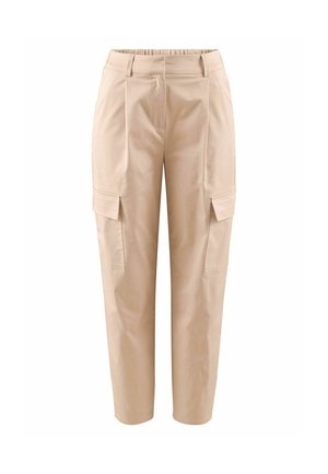Beige cargo kalhoty s uvolněným střihem, mají elastický pás, dvě přední kapsy a dvě boční cargo kapsy. Vyrobeno z lehkého materiálu.