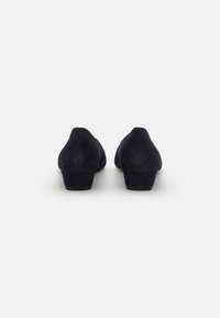 Dark blue suede heeled shoes with a closed design, rounded toe, and a low block heel. The texture is smooth and matte.