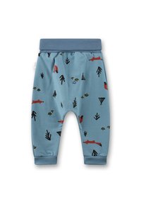 Blaue Baumwollhose für Kinder mit verschiedenen Mustern von Bäumen, Füchsen und Pilzen in roten, schwarzen und grünen Akzenten. Elastischer Bund.