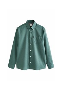 Camisa verde de botones con mangas largas, patrón de puntos blancos, bolsillo en el pecho y collar clásico. Hecha de una tela tejida con una textura suave.