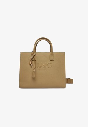 Bolso Tan Liu Jo Milano con dobles asas superiores, acabado texturizado y colgante de candado y llave atado en la parte delantera.