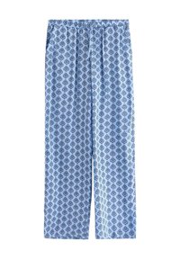 Pantaloni da pigiama azzurri con un motivo a diamante in blu scuro e rosso. Vita elasticizzata, vestibilità morbida, realizzati in tessuto soffice.
