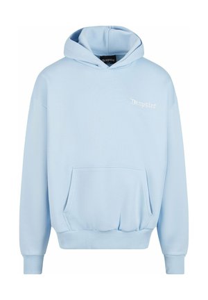 Light blue hooded sweatshirt made of soft fabric, featuring a front pocket and ribbed cuffs and hem. Embroidered "Dropsize" logo on chest.