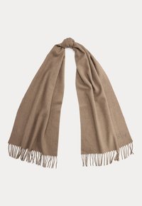 Fular maro realizat dintr-un material moale și texturat. Prezintă modele subtile și margini franjurate. Nodul central adaugă un interes de design.