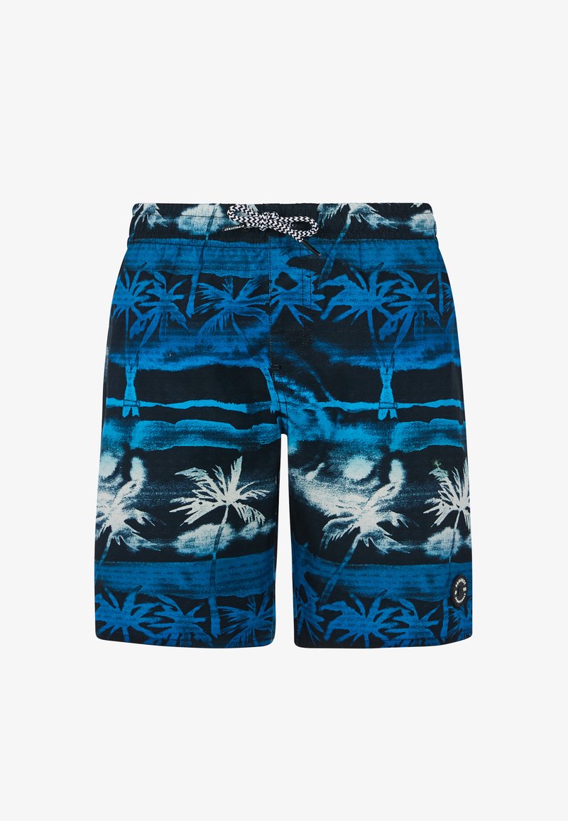 Mėlynos ir juodos maudymosi šortai su palmės medžio raštu, elastinga juosta su reguliuojamu virvute ir lengva medžiaga.