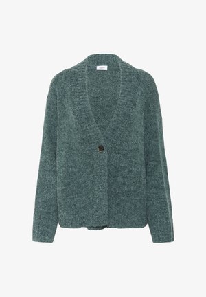 Green knit cardigan with a V-neck, long sleeves, and a single round button closure. Soft texture with a relaxed fit.