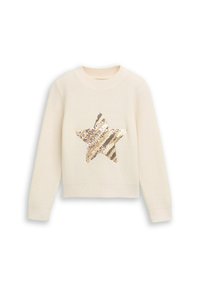Cremfarbener Strickpullover mit einem großen goldenen und silbernen Paillettenstern-Design auf der Vorderseite. Rundhalsausschnitt und lange Ärmel.