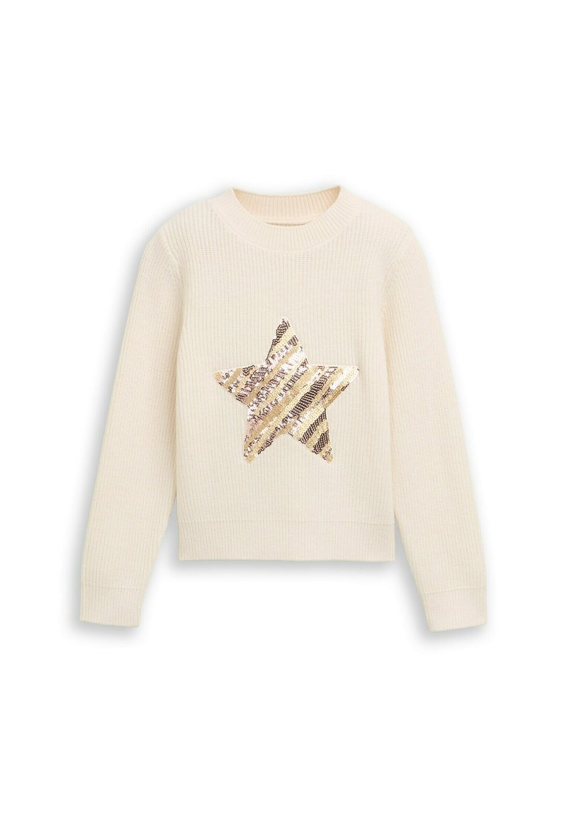 Cremfarbener Strickpullover mit einem großen goldenen und silbernen Paillettenstern-Design auf der Vorderseite. Rundhalsausschnitt und lange Ärmel.
