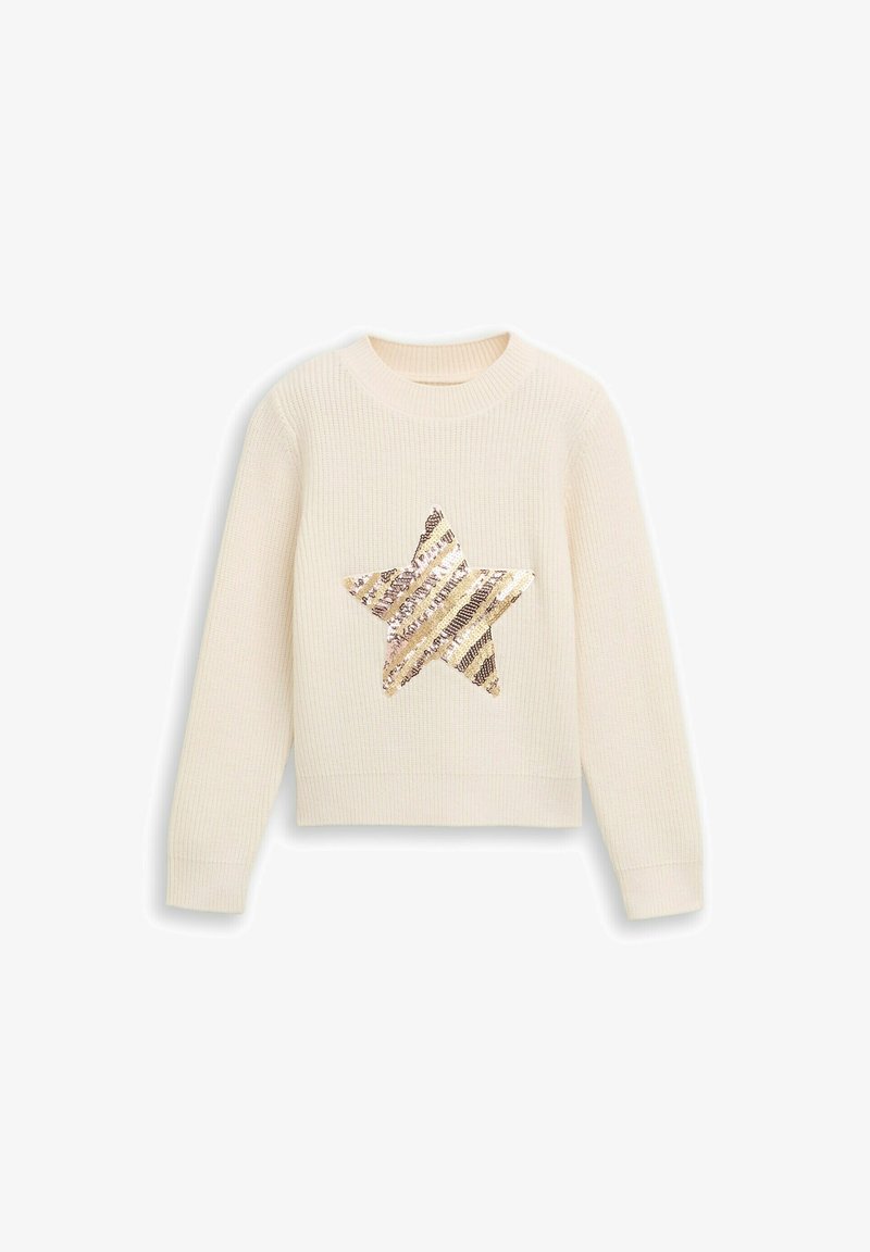 crème kleurige gebreide trui met een groot gouden en zilveren pailletten ster ontwerp op de voorkant. Ronde halslijn en lange mouwen.