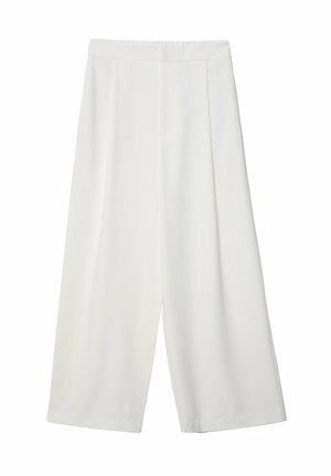 Hvide, brede cropped bukser med en glat overflade, der har en flad front og ingen synlige lukninger eller lommer.