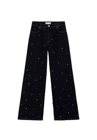Jeans de mezclilla negra de pierna ancha con adornos multicolores por todo el pantalón. Cuenta con cinco bolsillos y cierre de botón y cremallera.