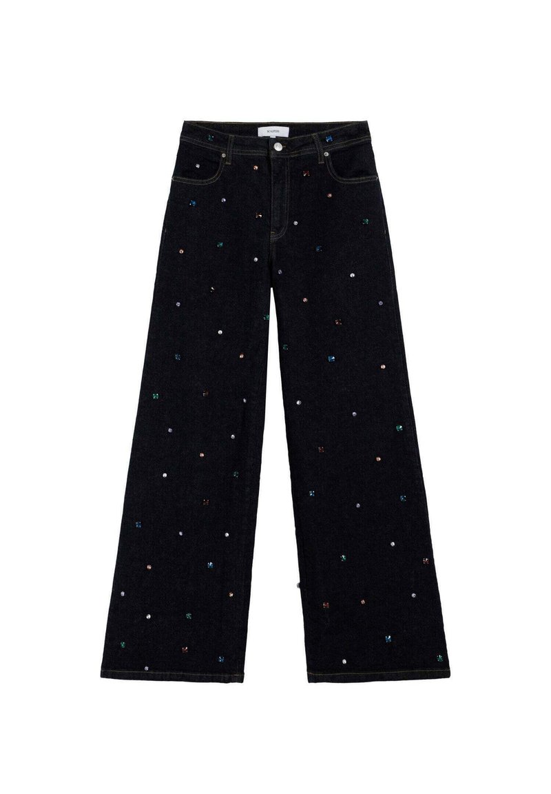 Jeans de mezclilla negra de pierna ancha con adornos multicolores por todo el pantalón. Cuenta con cinco bolsillos y cierre de botón y cremallera.