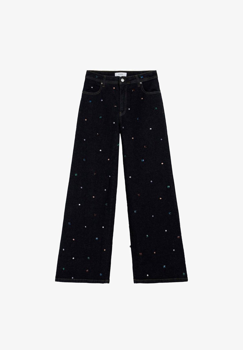 Jeans de mezclilla negra de pierna ancha con adornos multicolores por todo el pantalón. Cuenta con cinco bolsillos y cierre de botón y cremallera.