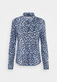 Chemise boutonnée en tissu bleu clair, ornée d'un motif léopard bleu foncé. Manches longues avec poignets à boutons et col classique.
