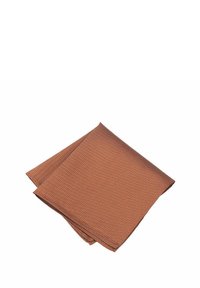 Textured fabric napkin in rust color, featuring a geometric pattern with fine accents. Folded neatly, showcasing the design and material.