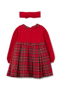 Rotes langärmeliges Kleid mit kariertem Rock und passendem rotem Haarband. Verfügt über einen runden Kragen und einen Reißverschluss auf der Rückseite. Das Karomuster enthält grüne und gelbe Akzente.