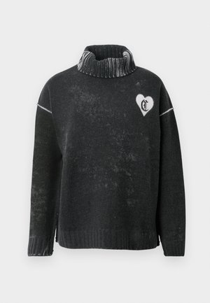 Pulover negru cu guler înalt, având un design cu inimă albă și litere pe piept. Fabricat dintr-un material moale cu o textură plăcută.