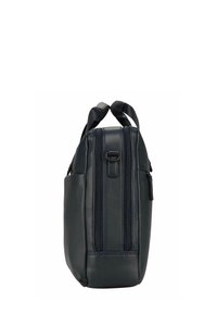 Rechteckige dunkelblaue Lederhandtasche mit zwei Reißverschlüssen, oberen Griffen und einer Seitentasche. Glatte Textur mit verstärkten Nähten.