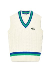 Cable-knit sleeveless sweater in cream with a V-neck. Features blue and green striped accents at the collar and hem. Lacoste logo embroidered.