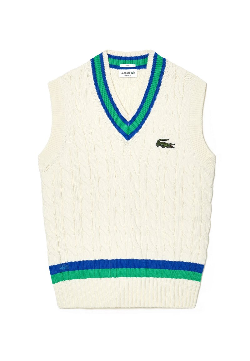Cable-knit sleeveless sweater in cream with a V-neck. Features blue and green striped accents at the collar and hem. Lacoste logo embroidered.