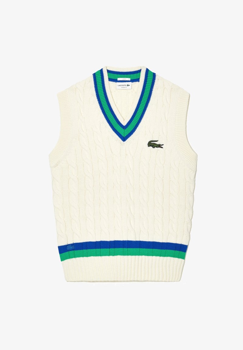 Cable-knit sleeveless sweater in cream with a V-neck. Features blue and green striped accents at the collar and hem. Lacoste logo embroidered.