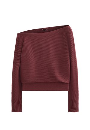 Burgundský svetr s odkrytými rameny a žebrovanou texturou, dlouhými rukávy a zkráceným designem. Měkká pletenina s uvolněným střihem.