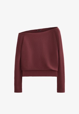 Bordeaux off-shoulder trui met geribbeld textuur, lange mouwen en een cropped ontwerp. Zacht breigaren met een relaxed fit.