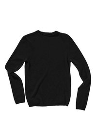 Pull noir à manches longues, col rond, fabriqué à partir d'un tissu doux. Texture lisse, design ajusté, sans motifs ou accents visibles.