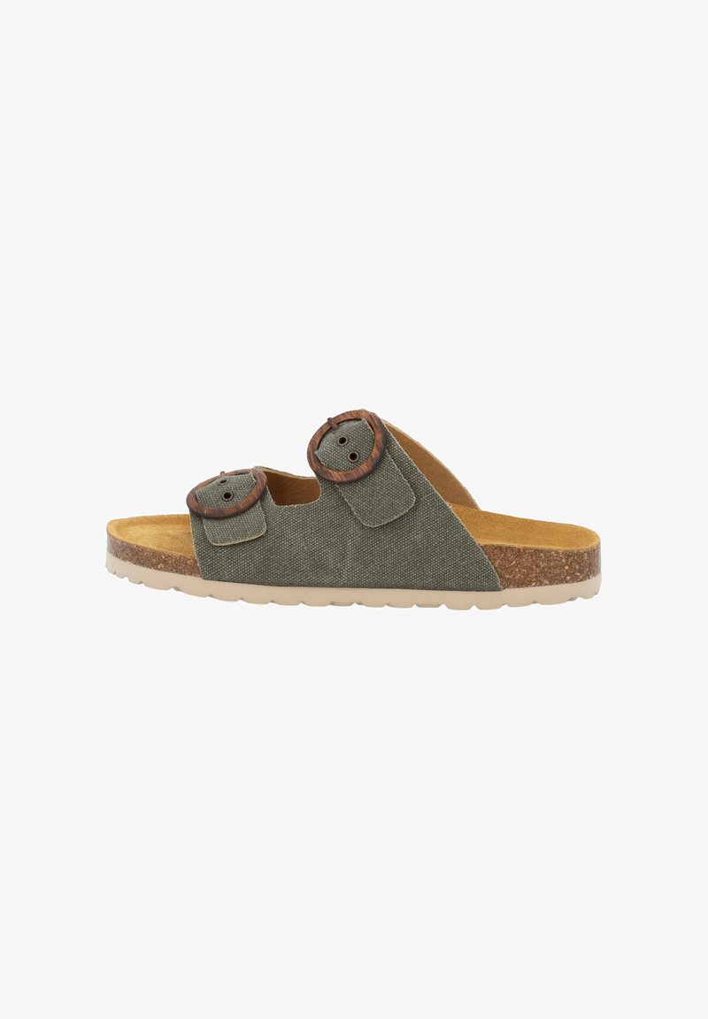 Grønne stof slide sandaler med to justerbare brune runde spænder, korkfodbed og let gummiydersål.
