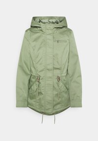 Giacca a cappuccio verde chiaro con zip frontale, tasca sul petto con zip, due grandi tasche con pattina e cordini, e cordini sull'orlo regolabili.