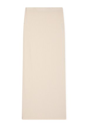 Gonna in tessuto beige a coste con un design aderente, texture liscia e silhouette dritta, con orlo di lunghezza media.