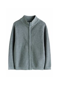 Grijze gebreide zip-up trui met lange mouwen, met geribbelde kraag, manchetten en zoom, vlak op een witte achtergrond gelegd.