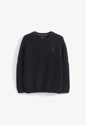 Pull noir en maille avec col rond, épaules côtelées et petit logo homard rouge sur la poitrine gauche.