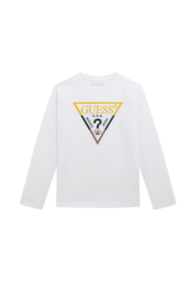 Weißes Langarm-T-Shirt mit einem dreieckigen Logo-Design in Gelb, Braun und Grün auf der Brust, versehen mit dem Text "GUESS" und Grafiken.