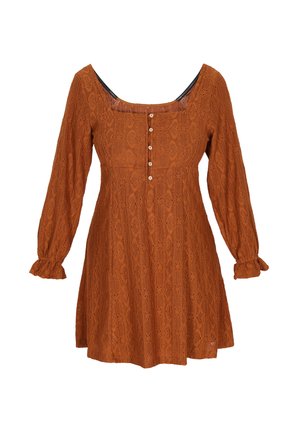 Rochie de culoare ruginie, cu mâneci lungi și bufante, decolteu rotund, model de dantelă texturată și detaliu cu nasturi pe față. Mansete volănde.