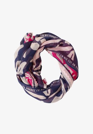 Lichtgewicht sjaal met abstracte patronen in marineblauw, roze en beige, voorzien van gedeeltelijk zichtbare Franse tekst langs de randen.