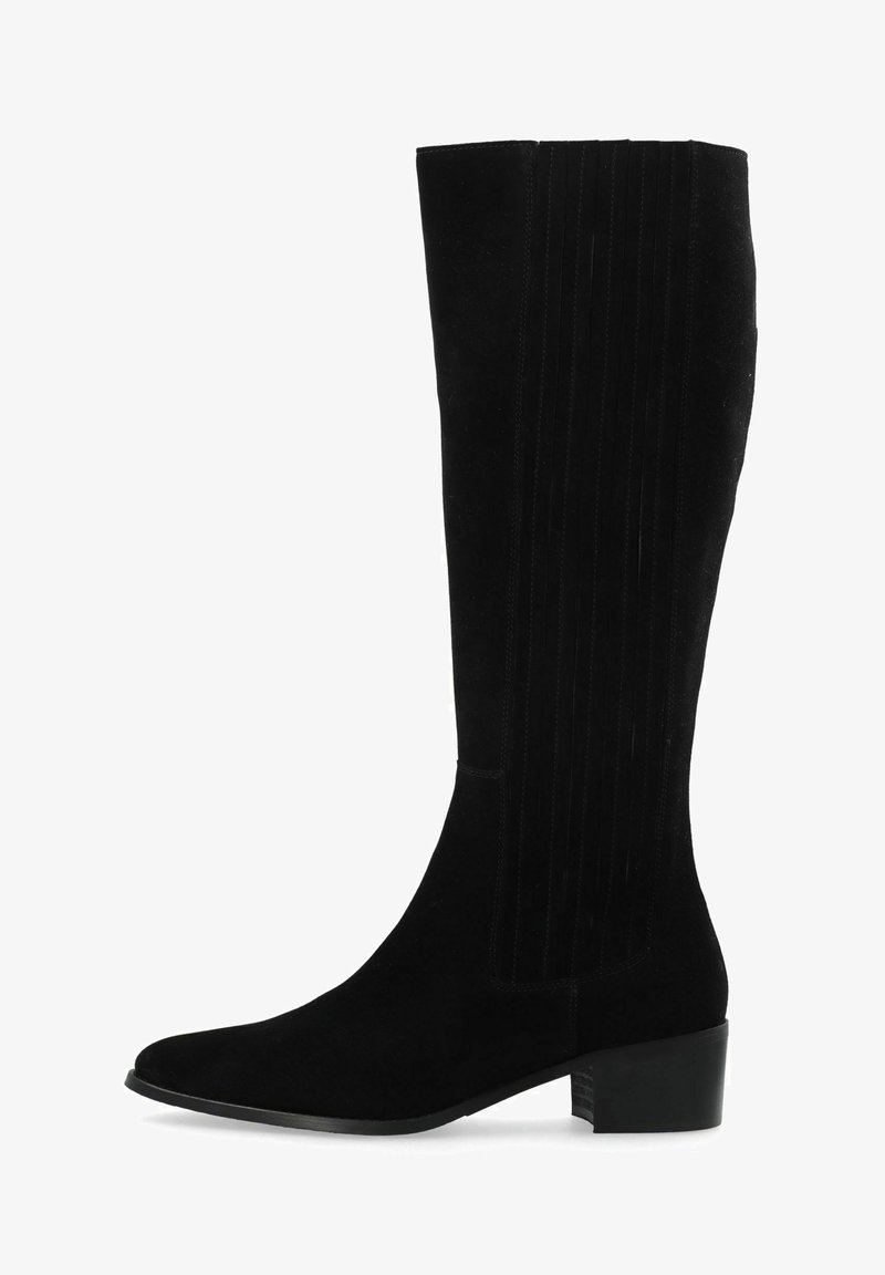 Botte mi-mollet en daim noir avec un petit talon bloc et un subtil détail de couture verticale sur la tige.