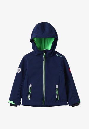 Navy softshell jacket with green accents, hood, front zip closure, two zippered pockets, and logo patch on sleeve. Smooth texture.