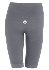 Shorts da ginnastica grigi con vita alta, texture liscia e dettaglio del logo sul retro. Pannello in rete integrato per traspirabilità.