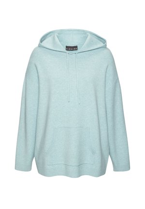 Hellblauer übergroßer Hoodie mit vorderer Kängurutasche und Kapuze mit Kordelzug, dargestellt auf weißem Hintergrund.